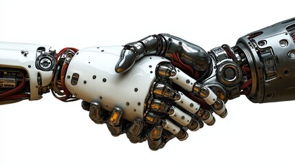 Close-up of a robot hand shaking hands with a human hand, illustrating human-AI collaboration on a white background
