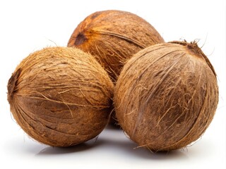 Three whole coconuts with rough brown shells