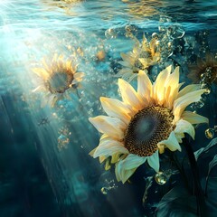 Ethereal Floating Sunflowers in Dreamlike Misty Lake Landscape