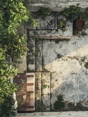 A set of weathered stone stairs overrun by vegetation, hinting at a long history and possibly left to nature.