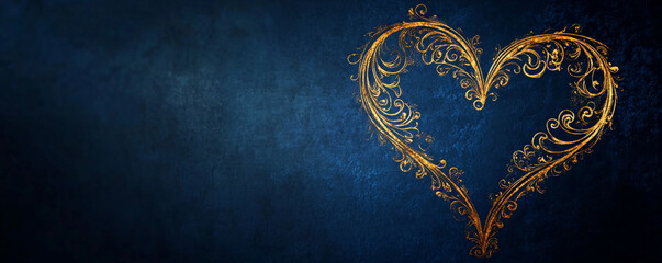 A romantic background featuring a heart made of elegant, swirling gold patterns on a deep navy blue canvas, with a smooth, reflective texture for sophistication.