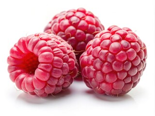 Three fresh raspberries on white background