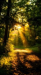 Obraz premium Radiant golden hour sunbeams illuminating a quiet forest path, nature's glowtime, peaceful and inspiring landscape