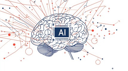Obraz premium A human brain outline with a computer chip embedded in it, with the word 