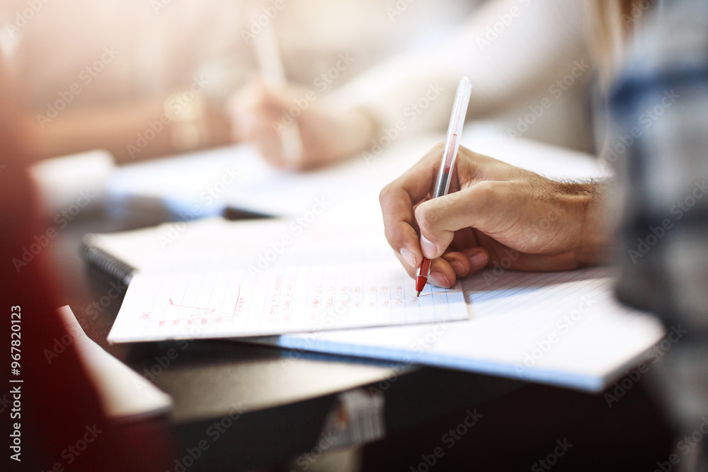 Poster Education, hands and people and notebook in library for scholarship, knowledge or learning. Research, university and exam with students studying at college for project, academy or school resource