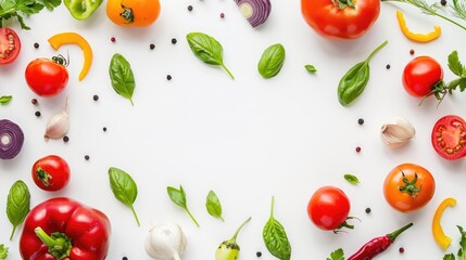 Fresh organic vegetables arranged on white background with space above, seen from above