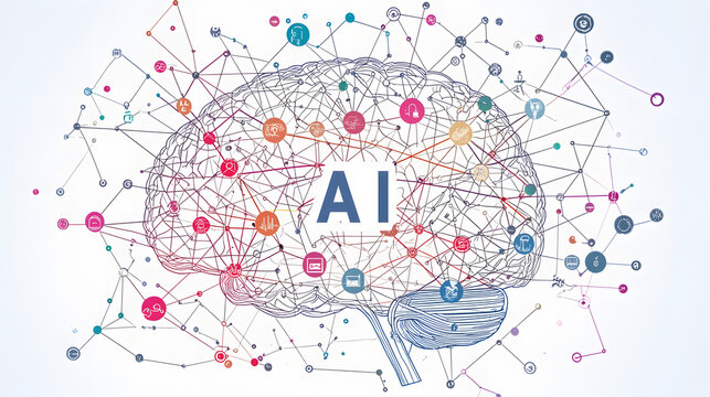 A human brain outline with the word "AI" written in the center, connected by lines and circuits, symbolizing the neural networks and algorithms of AI. Copy space. white background 