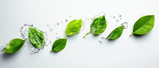 Fresh green leaves splashing into water, symbolizing nature, purity, and rejuvenation, perfect for eco-friendly projects.