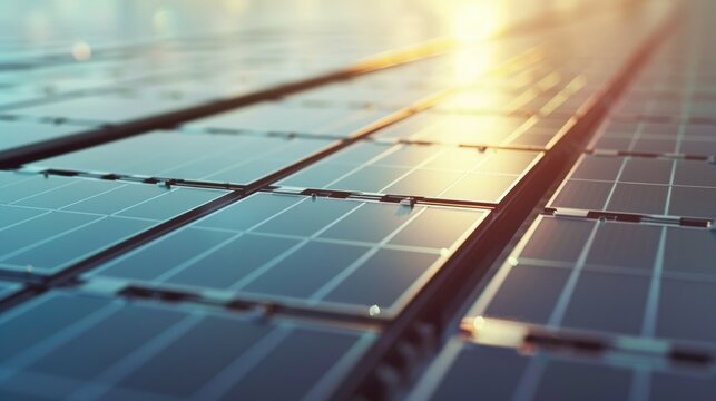 A top-down close-up of solar panels arranged in a grid. The focus is on the intricate details of individual cells, showcasing their design and functionality.