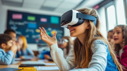 A young girl wearing VR goggles in a classroom, smiling and interacting with a virtual world, while classmates are looking on.
