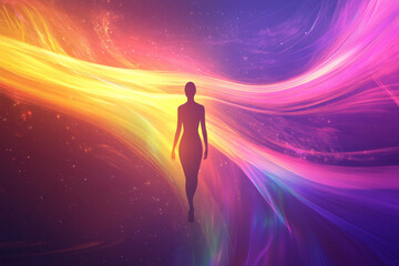 Obraz premium A serene design with a silhouette of a person surrounded by flowing, rainbow-colored light trails, symbolizing creativity and free-thinking.