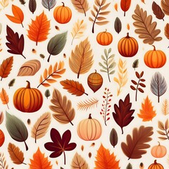 Autumn Essentials Seamless Pattern - Featuring iconic autumn symbols like pumpkins, fall leaves, and acorns in a continuous design. Graphic art illustration