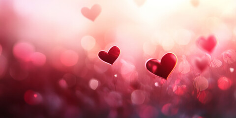 A soft-focus background with a gradient of warm red to pink hues, featuring subtle heart-shaped bokeh effects that add a romantic and dreamy feel.