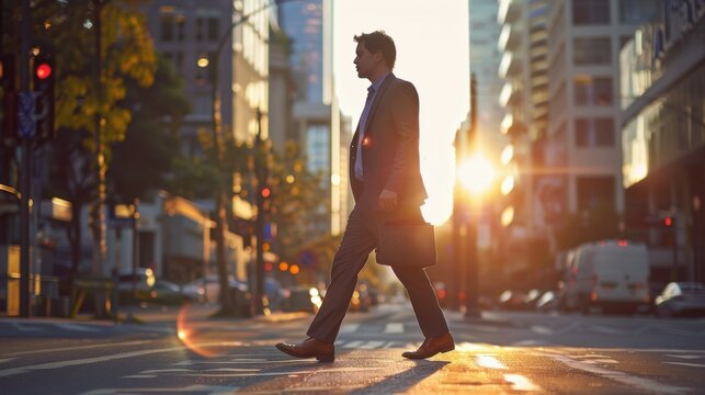 A man in a suit is walking across a city street