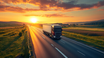A truck for transporting passenger cars on the highway Loaded European truck on motorway in sunset Highway used by trucks and cars at sunset, with movement blur, Generative AI