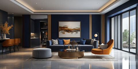 A sophisticated 3D interior with deep navy walls and gold accents. The rich color palette and clean lines create a luxurious, modern feel.