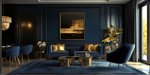 A sophisticated 3D interior with deep navy walls and gold accents. The rich color palette and clean lines create a luxurious, modern feel.