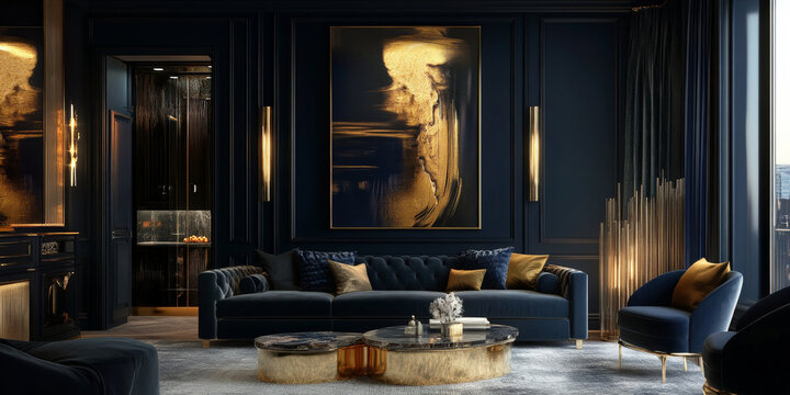 A sophisticated 3D interior with deep navy walls and gold accents. The rich color palette and clean lines create a luxurious, modern feel.