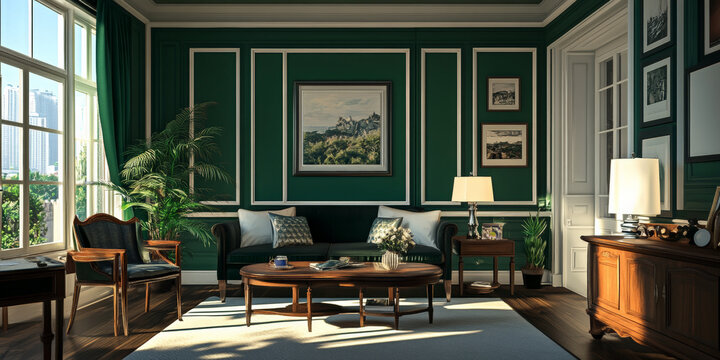 A sophisticated 3D interior with emerald green walls, offset by crisp white trim and dark wood furniture. The rich colors and clean lines add a touch of luxury.