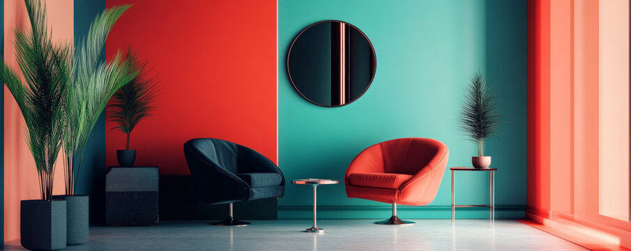 A vibrant 3D interior with teal and coral walls, paired with sleek black furniture. The bold color scheme adds a modern and trendy vibe to the space.