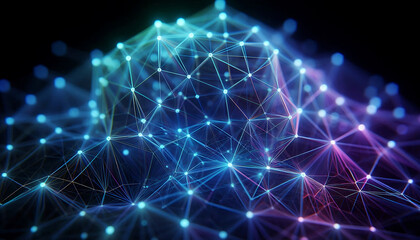 Obraz premium Abstract geometric design featuring a network of illuminated translucent lines forming interconnected shapes. The vibrant hues of blue purple and green create a dynamic glow against a dark background