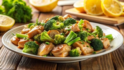 Gourmet chicken and broccoli stir-fry, carefully arranged on a crisp, white plate, garnished with a sprinkle of green onions and a slice of lemon, backlit by a soft