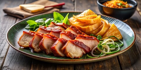 Vibrant vegetables and crispy wonton strips surround a generous serving of Char Siu Pork