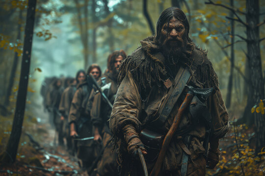 Group of Neanderthals stealthily navigates through a thick forest, armed with primitive tools, keenly tracking their elusive prey in the shadows of towering trees
