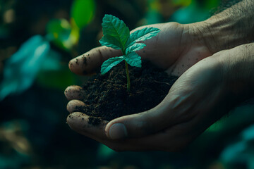 Nurturing Growth: Hands Holding a Small Sapling in Rich Soil