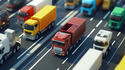 Lots of Trucks and cars on a Highway transportation Trucks on Highway and Wind Turbines photo of truck on highway road and factory in background, Generative AI
