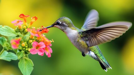 Naklejka premium The charming Hummingbird feeds on sweet nectar from flowers