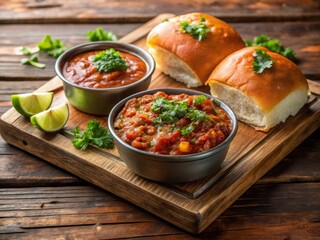 * A beautifully garnished serving of Pav Bhaji, with a sprinkle of fresh cilantro and a side of tangy tamarind chutney, set against a warm wooden background.