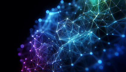 Abstract geometric design featuring a network of illuminated translucent lines forming interconnected shapes. The vibrant hues of blue purple and green create a dynamic glow against a dark background