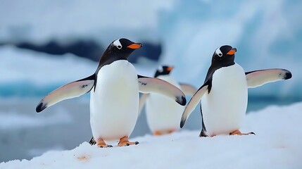 Obraz premium Four Penguins Walking On Ice In Antarctica