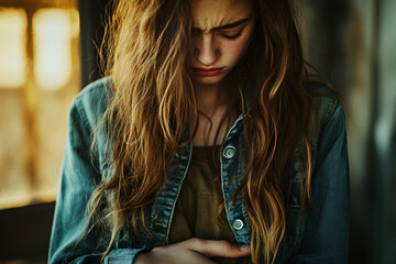 Young Woman Holding Stomach in Pain with Supportive Environment
