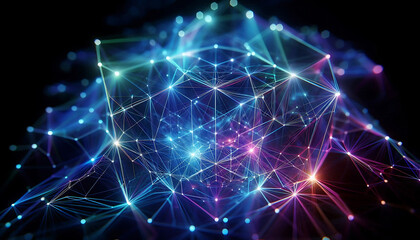 Fototapeta premium Abstract geometric design featuring a network of illuminated translucent lines forming interconnected shapes. The vibrant hues of blue purple and green create a dynamic glow against a dark background