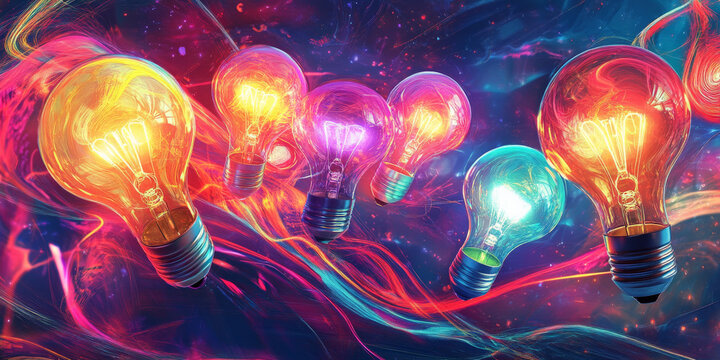 A vibrant background with multiple glowing lightbulbs and swirling neon colors, symbolizing creativity and a burst of ideas in a futuristic style.