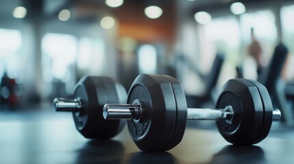 Fototapeta premium Dumbbell on Gym Floor with Blurry Background