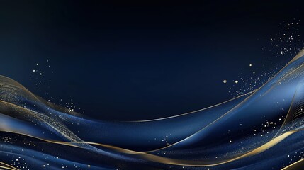 Luxury dark blue banner with golden lines and waves, designed as an elegant template for business conference invitations, corporate party posters, or presentation mockups. Perfect for upscale events, 