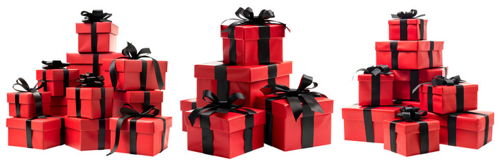 Fototapeta premium Set of isolated pile of red gift boxes with black ribbon on a transparent background for Black Friday sales or celebration events. Front view.