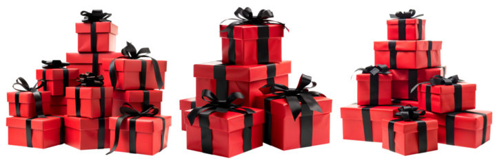 Set of isolated pile of red gift boxes with black ribbon on a transparent background for Black Friday sales or celebration events. Front view.