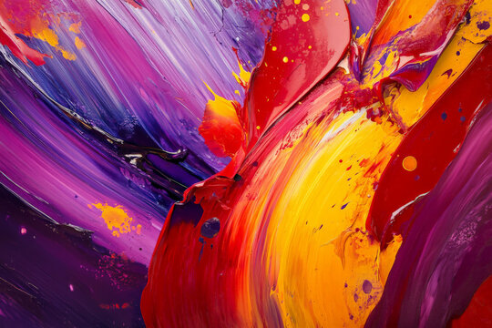 A vibrant burst of paints in bold colors like red, purple, and yellow, with a glossy, smooth texture and energetic splashes that capture the viewer's attention.