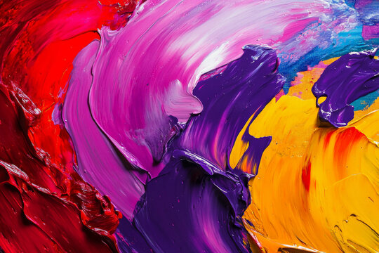 A vibrant burst of paints in bold colors like red, purple, and yellow, with a glossy, smooth texture and energetic splashes that capture the viewer's attention.