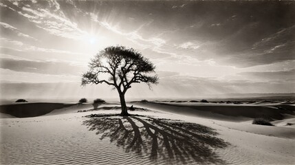 Obraz premium Generative AI, Sepia Tone Lone Tree in a Desert Landscape: A Solitary and Stark Scene of Nature’s Endurance and Beauty