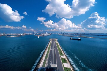 Obraz premium Aerial view of Osaka Bay, where the industrial side of the city meets the vastness of the sea, with ships coming in and out of port