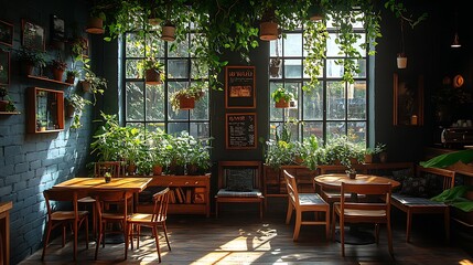 Fototapeta premium A cozy indoor café filled with vibrant green plants, hanging vines from the ceiling, sunlight filtering through the windows, casting soft shadows on the wooden furniture,