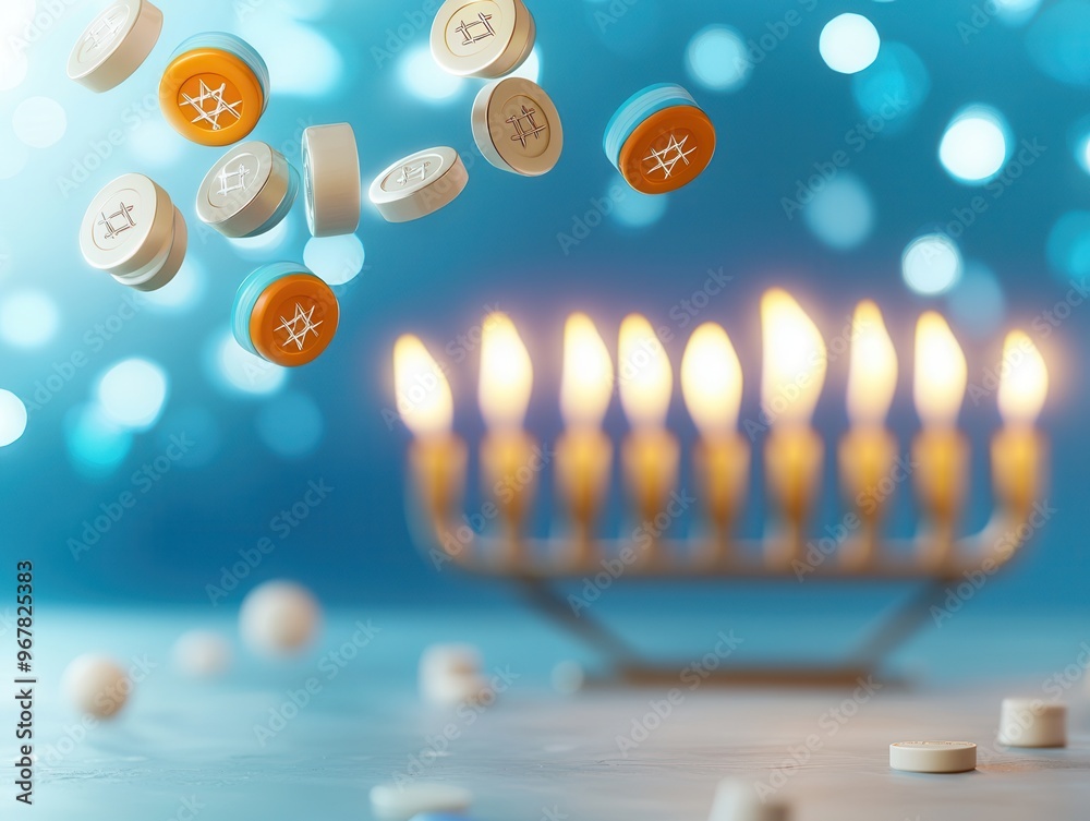 Canvas Prints Hanukkah Dreidels Falling Towards Menorah.