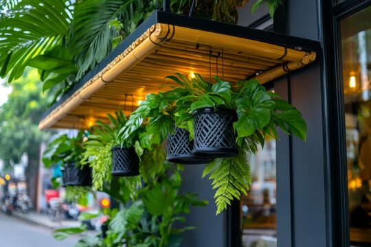 An awning made of bamboo above a tropical-themed cafÃ©, with greenery and hanging plants creating a lush, relaxing vibe