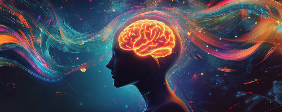 A vibrant design featuring a human head with a glowing brain inside, surrounded by swirling light trails, symbolizing the creation of ideas.