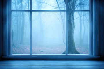 Window to a Blue Serenity: Enchanting misty forest viewed through a vintage window, bathed in ethereal blue light, evokes tranquility and mystery.
